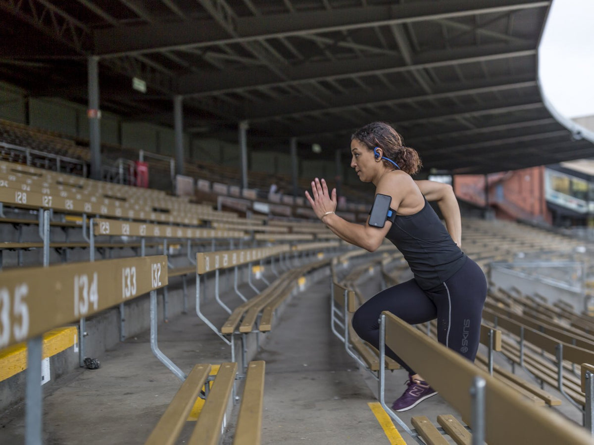 stair run with quad lock armband for smartphones attached