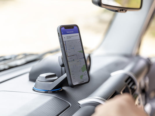 Off road car mount attached to windscreen with iPhone